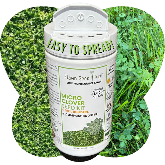 Micro Clover Easy Spread Shaker from Flawn Seed Kits, seeds and seed tape for lawn and garden use, 250 sq ft tube.