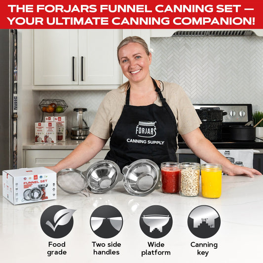 ForJars Funnel Set with multiple sizes for pouring and transferring liquids, made of durable plastic.