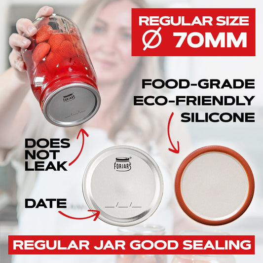 ForJars 1000 Regular Mouth Canning Lids stacked in a box, suitable for preserving jars and home canning projects.