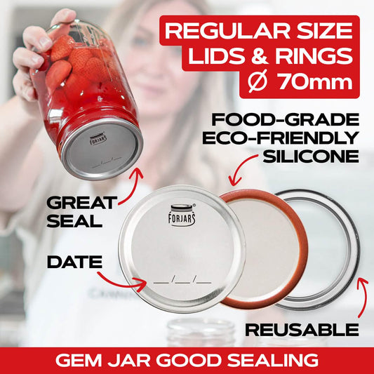 ForJars regular mouth canning lids and rings set, 12-piece pack, ideal for preserving jams and fruits with secure sealing.
