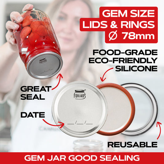 Set of 50 ForJars Forjars regular mouth canning lids with gem size design, suitable for preserving jars.