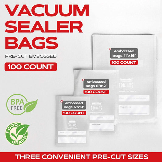 Forjars® vacuum sealer bags, 11x16 inches, textured on both sides, 7.5 mil thickness, suitable for food preservation.