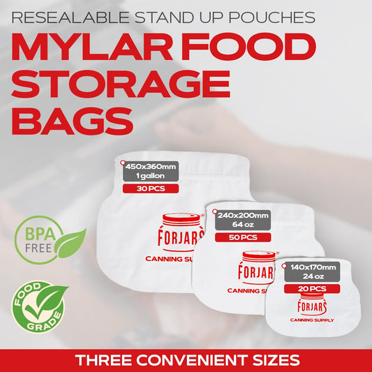 ForJars 20-pack 24oz Mylar vacuum sealer bags, durable and resealable for food storage and preservation.