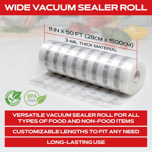 Forjars® vacuum sealer roll, 11-inch textured double-sided bags, 7.5 mil thickness for food storage and preservation.