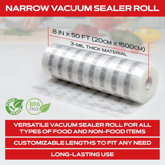 Forjars® vacuum sealer roll, 8-inch textured on both sides, 7.5 mil thickness, for storing and sealing food in vacuum bags.