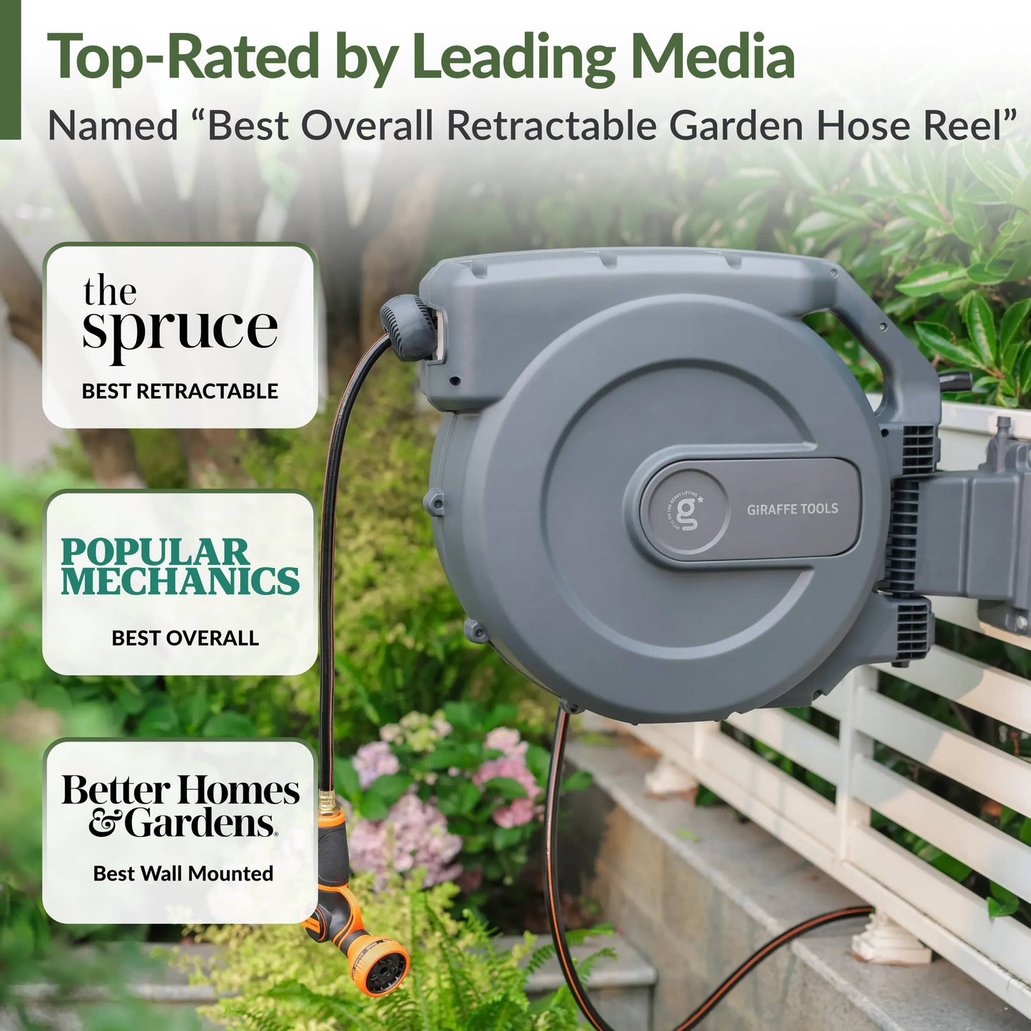 Giraffe Tools US retractable garden hose reel with 5/8 inch, 115-foot hose, mounted for easy watering and storage.