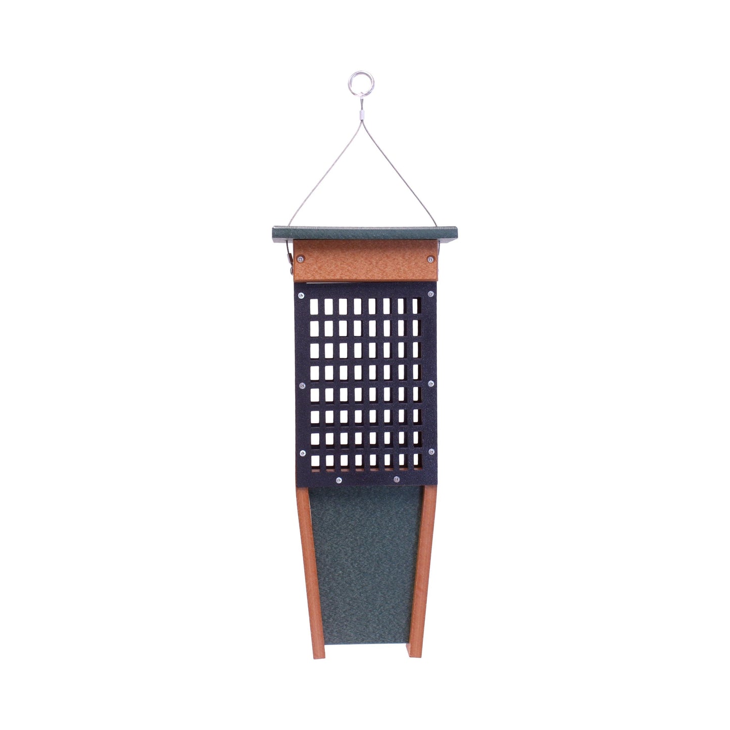 Pileated Woodpecker bird feeder by AmishToyBox.com holding two suet cakes, designed for attracting woodpecker visitors.