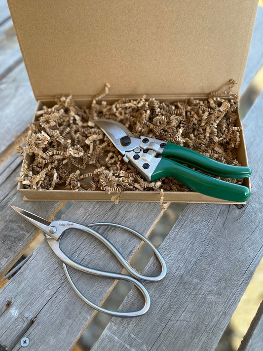 The Celtic Farm’s Garden Gift Box - Pruners and Snips features green-handled pruners in a box with brown paper filler, displayed on a wooden table beside stainless steel snips.