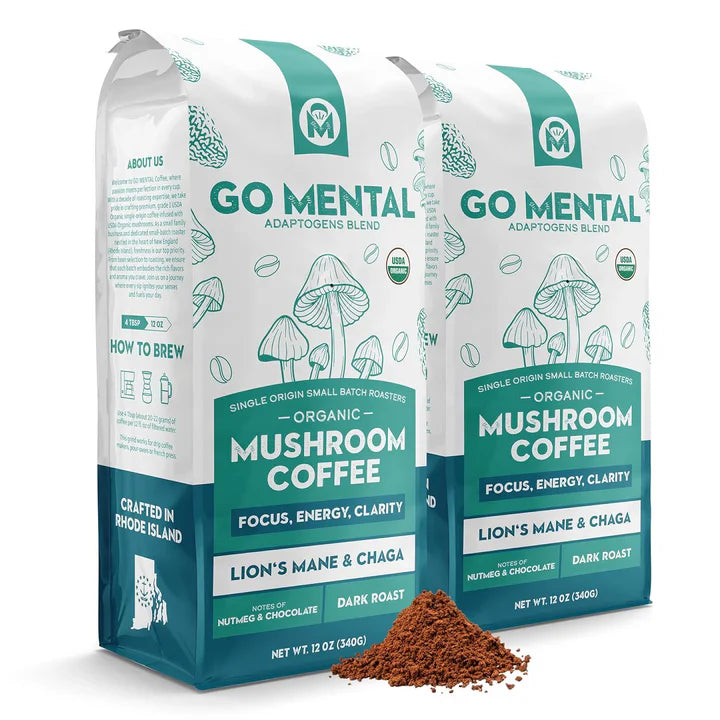 Organic Lion's Mane and Chaga Mushroom Coffee Dark Roast from GO MENTAL MUSHROOM COFFEE, featuring a steaming cup of rich dark brew.