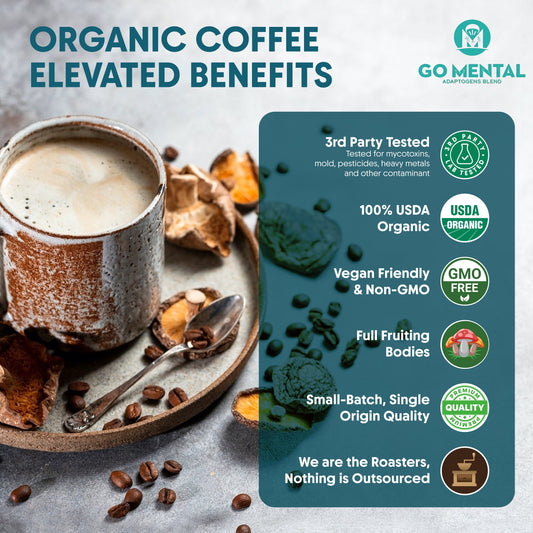 Dark roast organic Lion's Mane and Chaga mushroom coffee from GO MENTAL MUSHROOM COFFEE, showing a steaming cup on a rustic surface.