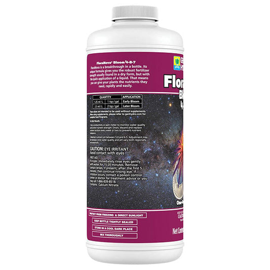 Liquid fertilizer bottle of General Hydroponics FloraNova Bloom 4-8-7 nutrient, 1 quart, from Perris Hydroponics, for hydroponic gardening.