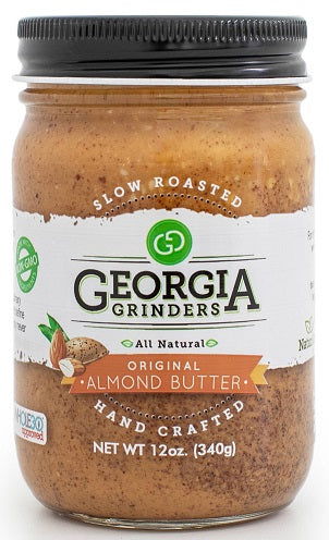 Georgia Grinders Almond Butter Mix Pack with two 12oz jars, including Original and Salt-Free Almond Butter, in gift packaging.