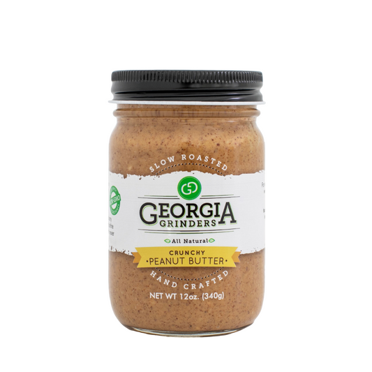 Georgia Grinders Crunchy Peanut Butter in 64oz tub, natural nut butter with crunchy texture and creamy appearance in a large bulk container.