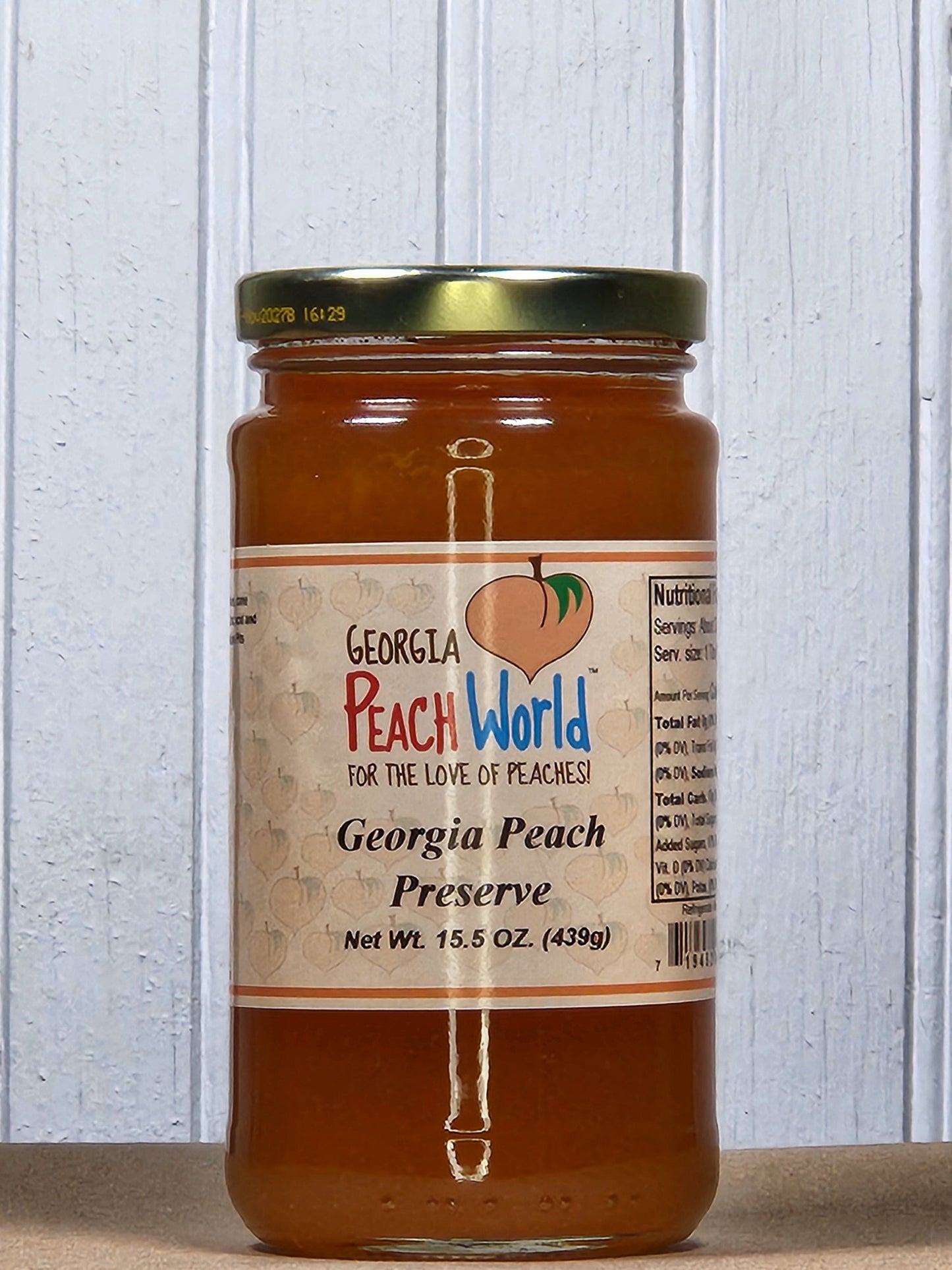 Georgia Peach World Georgia Peach Preserves in a 14.5 oz jar, creamy peach spread from butters and spreads collection.