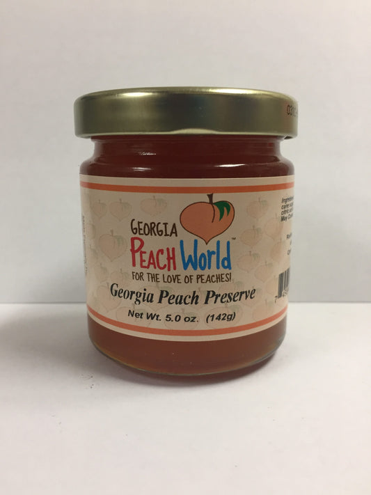 Georgia Peach World peach preserves in a 5 oz jar, a sweet spread made from fresh Georgia peaches.