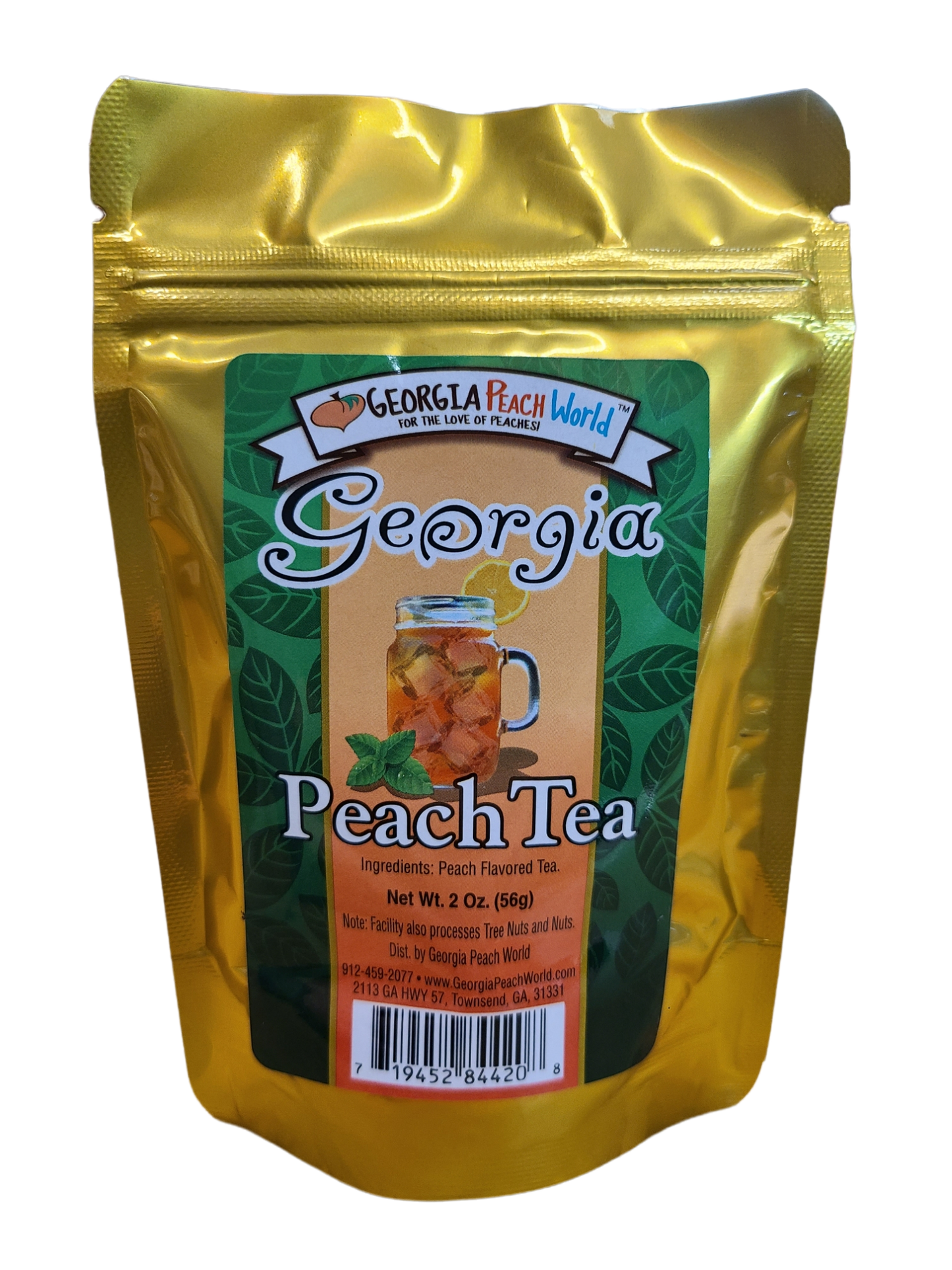 Loose leaf Georgia Peach Tea from Georgia Peach World, showcasing fresh peach-flavored tea leaves in a clear container.