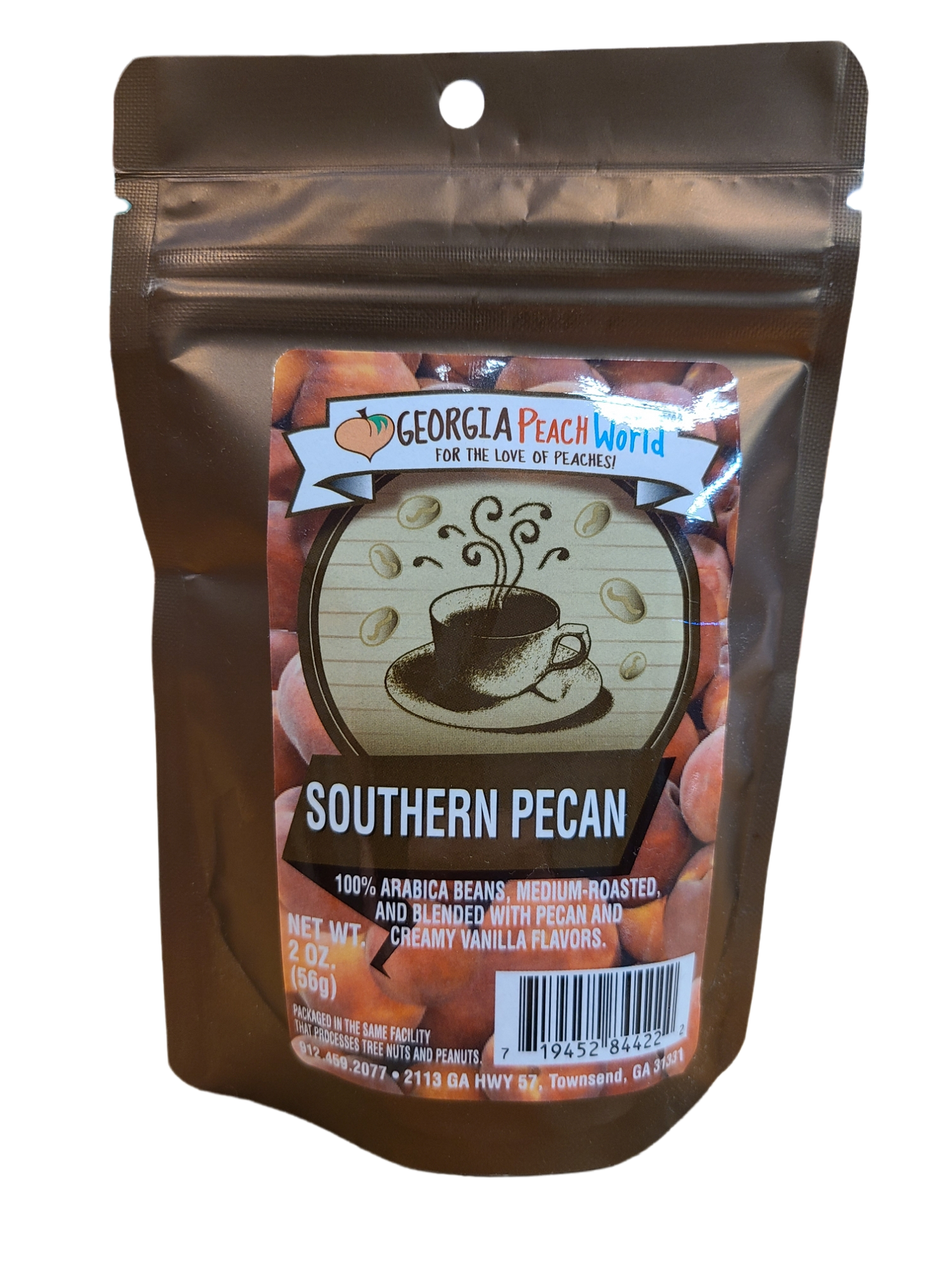 Georgia Southern Pecan Coffee by Georgia Peach World, a brewed coffee with pecan flavor in a coffee and tea product image.
