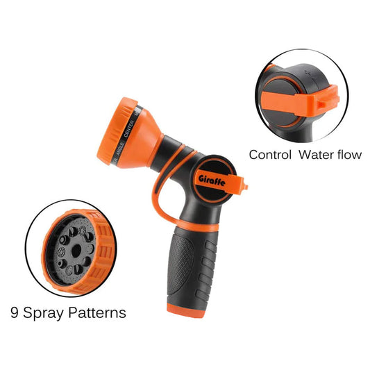 Giraffe Tools US garden hose nozzle with nine spray patterns, gardening accessory for watering and outdoor tasks.