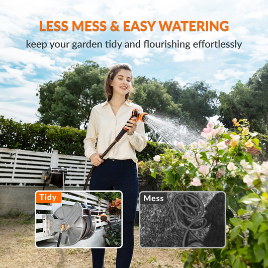 Stainless steel wall-mounted garden hose reel with manual crank by Giraffe Tools US, heavy-duty and suitable for outdoor use.