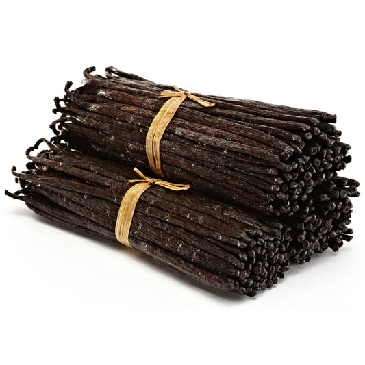 Hawaiian Grade A vanilla beans from Vanilla Bean Kings, shown in a large bulk package with dark, aromatic vanilla pods.
