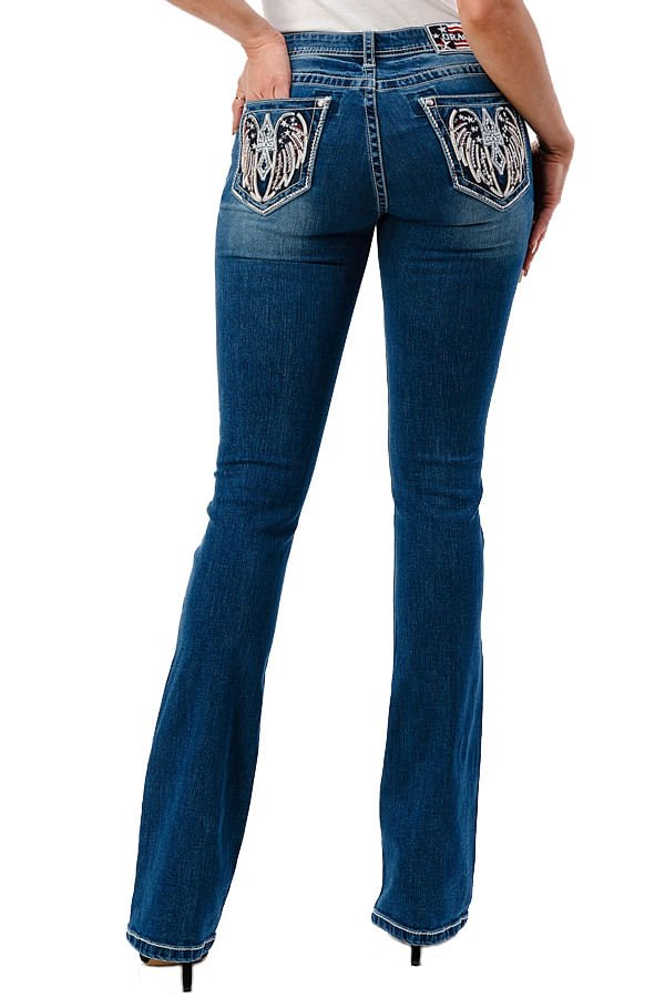 Grace in LA women's Western Americana wing embellished mid-rise bootcut jeans with detailed embroidery and classic fit.