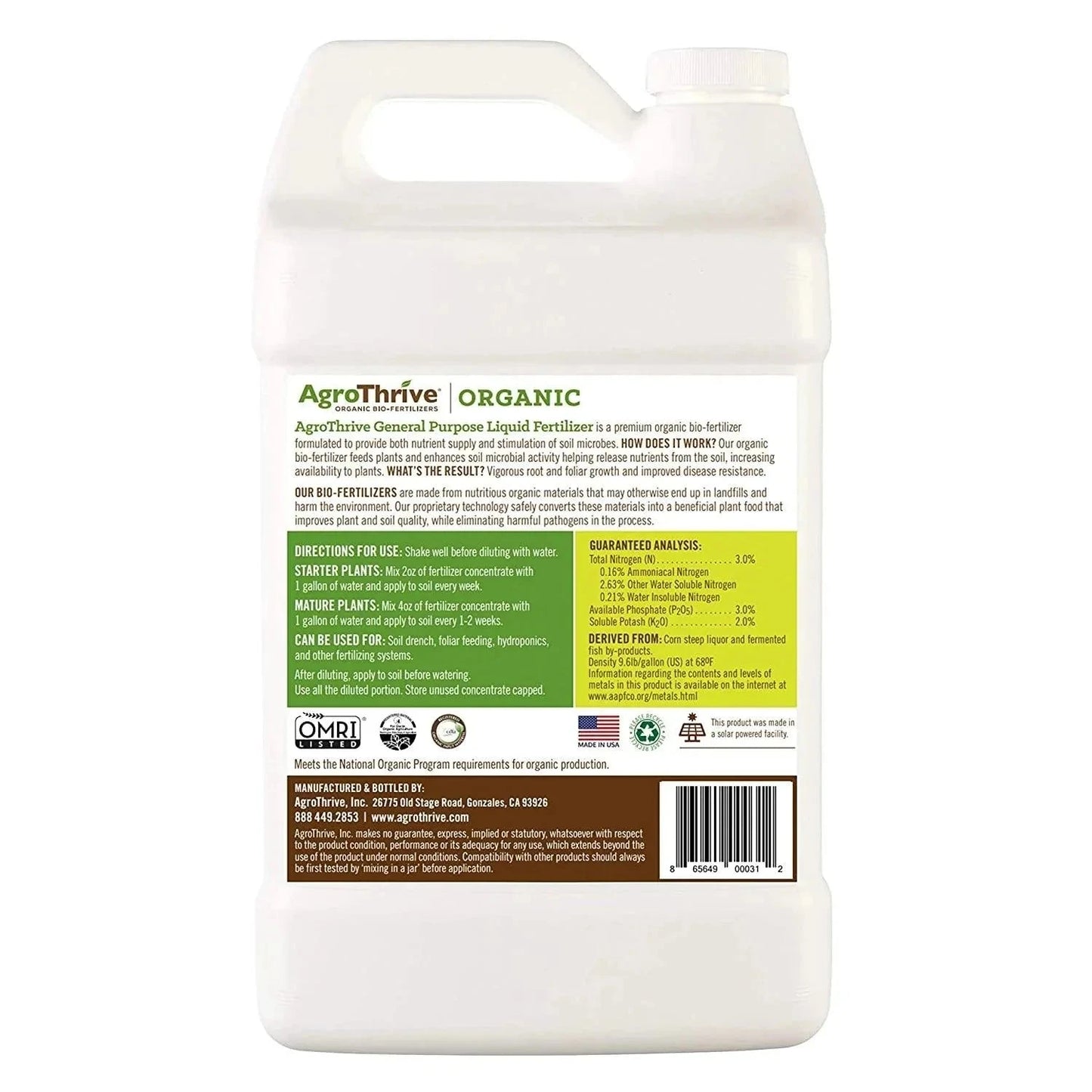 Grow Organic AgroThrive Organic General Purpose Fertilizer 1-gallon container, ideal for nourishing a variety of garden plants.