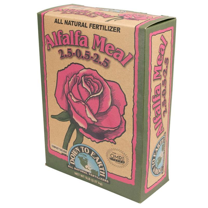 Grow Organic Alfalfa Meal fertilizer in a 4 lb box, natural organic fertilizer for healthy plant growth and soil enrichment.