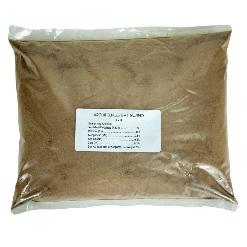 Grow Organic Archipelago Bat Guano fertilizer 0-7-0 in a 5 lb bag, ideal for boosting plant growth naturally.