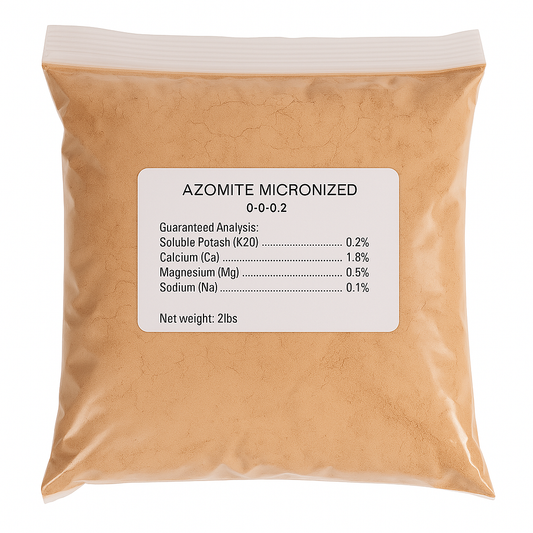 Micronized Azomite fertilizer by Grow Organic, 2 lb bag, showing the mineral-rich powder used for soil enrichment and plant growth.