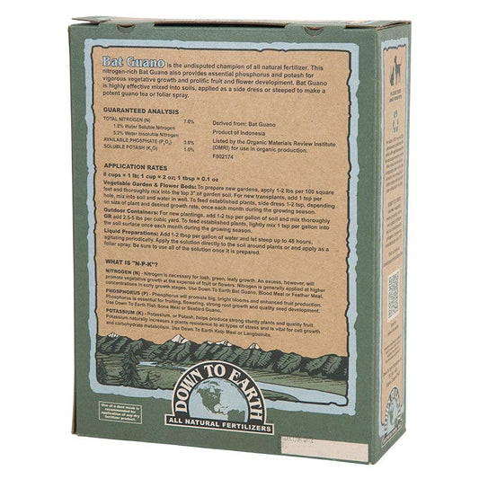Grow Organic Bat Guano Hi N fertilizer, 2 lb bag, showing the natural brown powder used for enriching soil and plant growth.