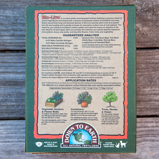 Grow Organic Bio-Live 5-4-2 fertilizer bag, 5 lb organic fertilizer for healthy plant growth and soil enrichment.