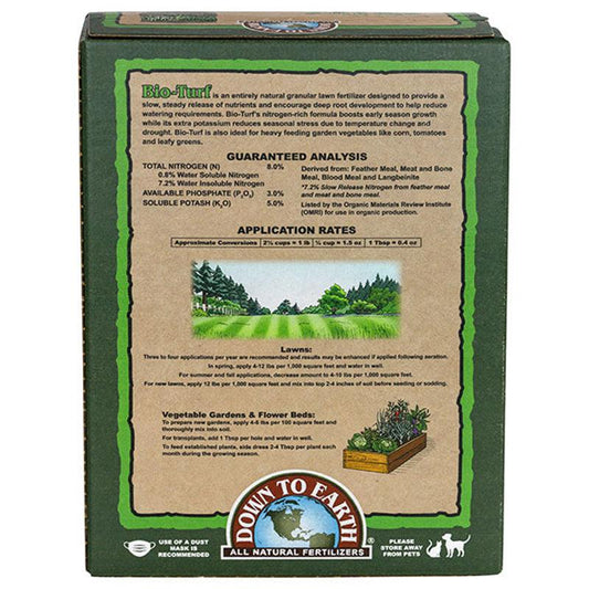 Grow Organic Bio-Turf 8-3-5 fertilizer in a 4 lb box, designed for nourishing and fertilizing turf grass effectively.