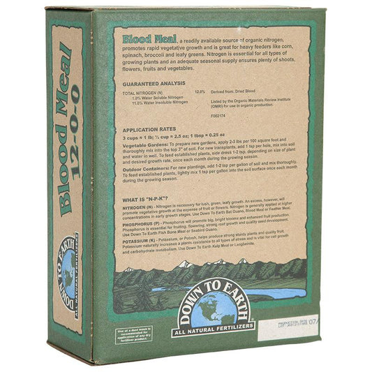 Grow Organic Blood Meal 12-0-0 fertilizer in a 5 lb box, used for organic plant nutrient enhancement.
