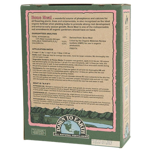 Grow Organic Bone Meal 3-15-0 fertilizer in a 5 lb box, natural organic fertilizer for plant growth and soil enrichment.