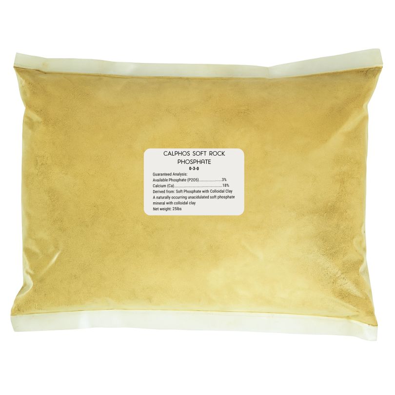 Grow Organic Calphos Soft Rock Phosphate fertilizer bag, 25 lb, natural mineral supplement for healthy plant growth.