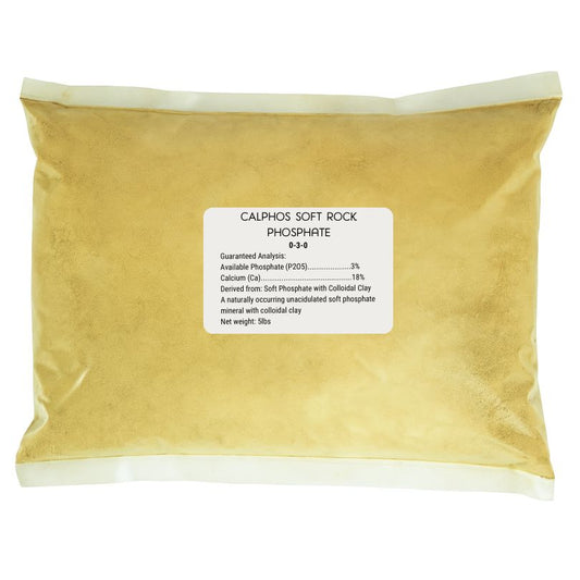 Grow Organic Calphos Soft Rock Phosphate fertilizer 5 lb bag for healthy plant growth and soil enrichment.