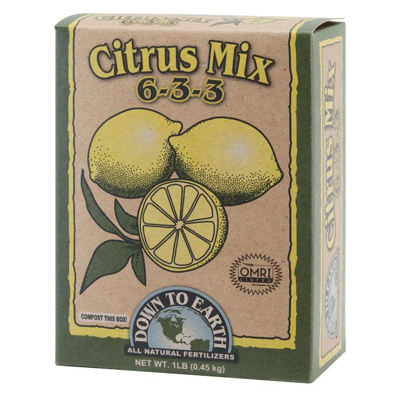 Grow Organic Citrus Mix Fertilizer 6-3-3 in a 1 lb box, ideal for nourishing citrus trees with organic plant nutrients.