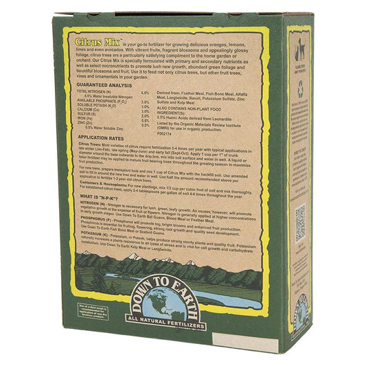 Grow Organic Citrus Mix Fertilizer 6-3-3 5 lb bag with colorful label showing citrus fruits and fertilizer details.