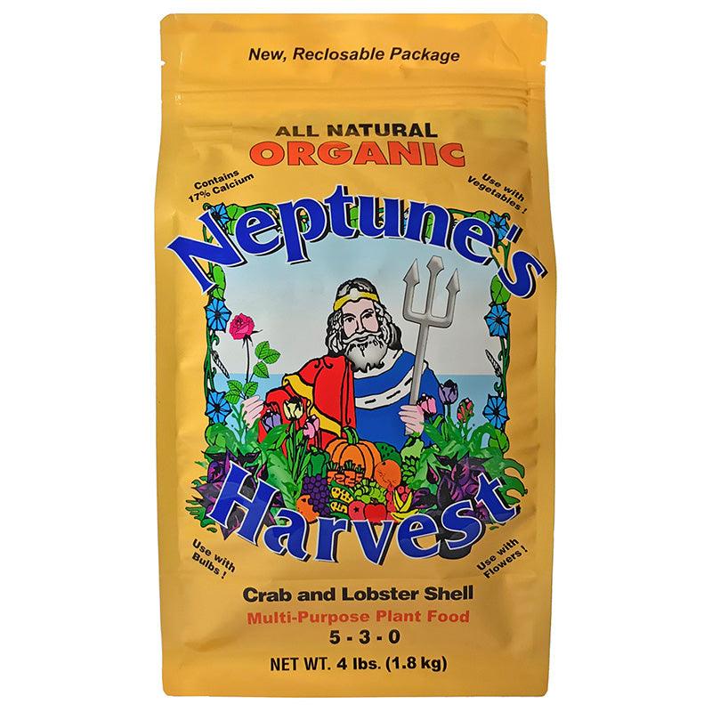 Grow Organic Crab & Lobster Shell Organic Fertilizer 5-3-0, 4 lb bag showing crushed shells for plant nutrients and soil enrichment.