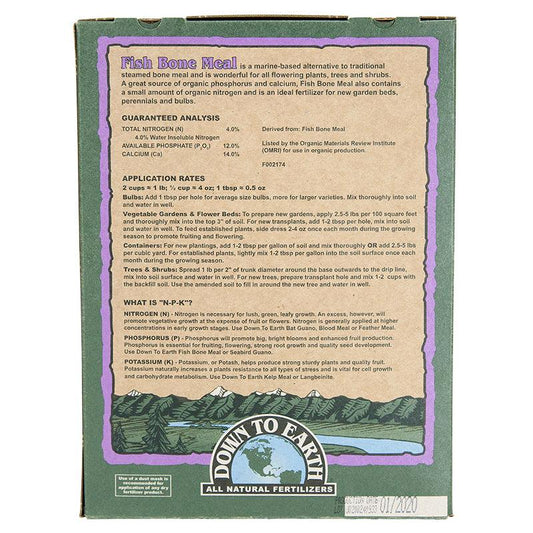 Grow Organic Fish Bone Meal 4-12-0 fertilizer in a 5 lb bag, natural organic fertilizer rich in phosphorus and calcium for plant growth.
