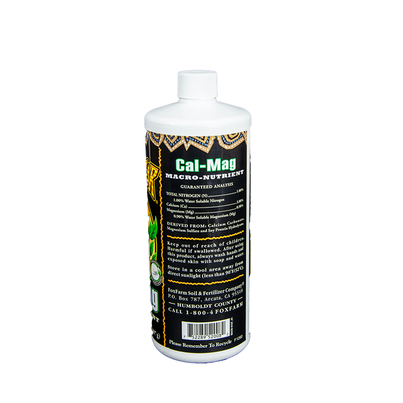 Grow Organic FoxFarm Cal-Mag fertilizer in a 1-quart container, designed to provide calcium and magnesium for healthy plant growth.