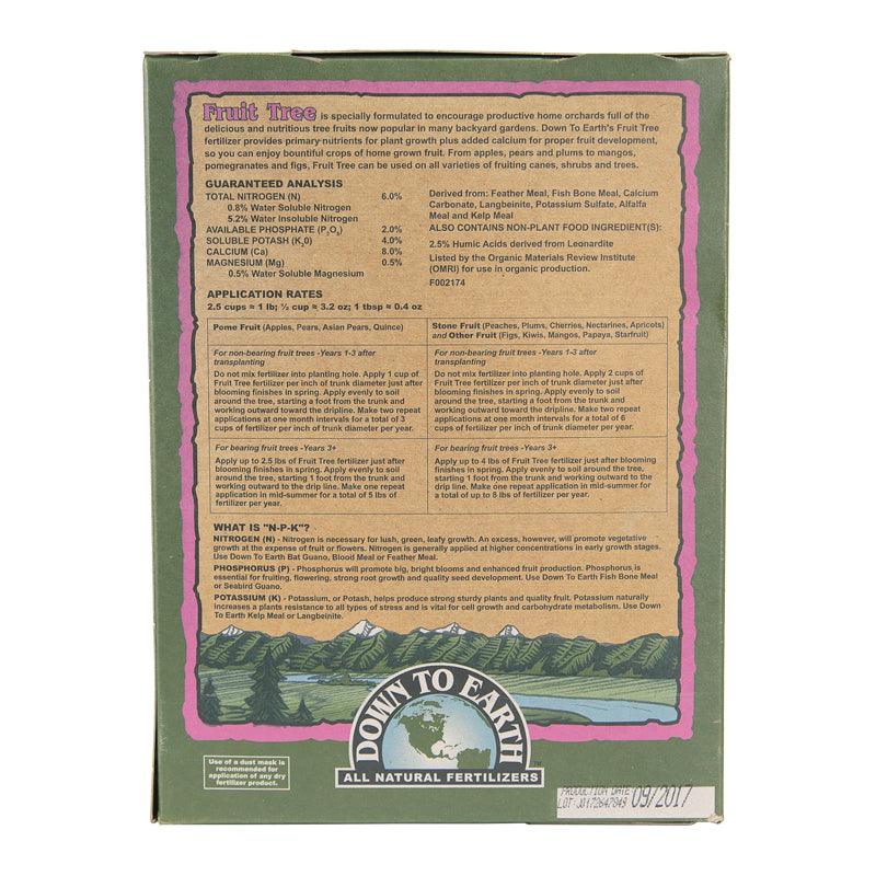 Grow Organic Fruit Tree Fertilizer 6-2-4 5 lb box showing fertilizer bag for healthy fruit trees.