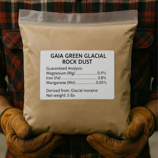 Grow Organic Gaia Green Glacial Rock Dust fertilizer in a 5 lb bag, showing the product packaging and branding.