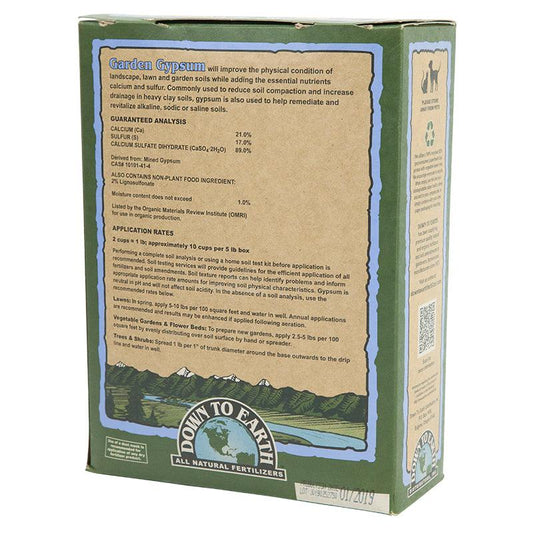 Grow Organic Garden Gypsum Prilled fertilizer in a 5 lb box, used to improve soil structure and nutrient availability.