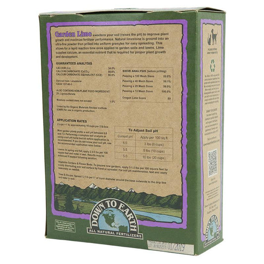 Prilled garden lime fertilizer from Grow Organic in a 5 lb box, used to improve soil pH and promote plant growth.