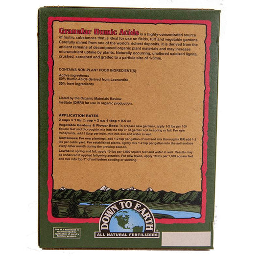 Granular Humic Acids fertilizer in a 5 lb box by Grow Organic, used to enrich soil and promote plant growth.