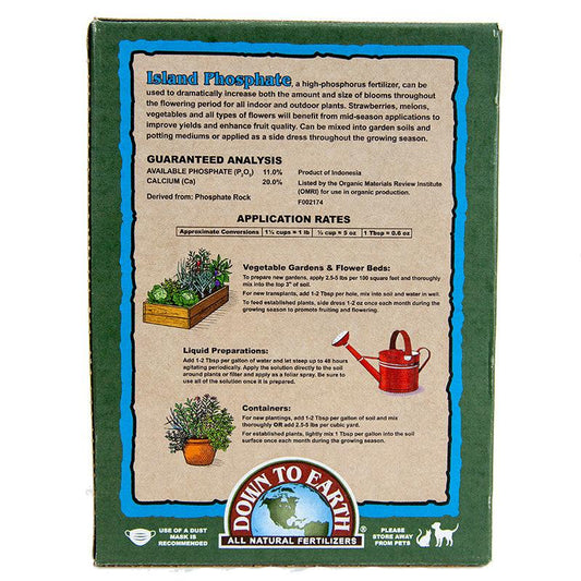 Grow Organic Island Phosphate Hi P 0-11-0 fertilizer 5 lb box, organic plant nutrient for healthy root development and flowering.