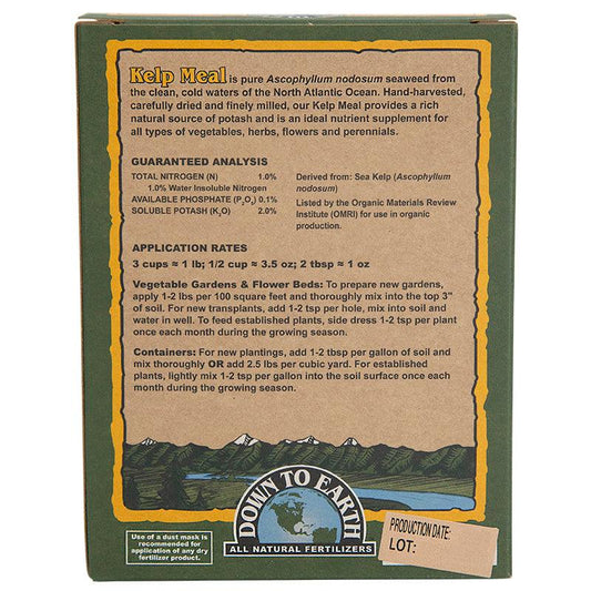 Grow Organic Kelp Meal fertilizer box, 0.5 lb, natural plant fertilizer rich in nutrients for healthy growth.