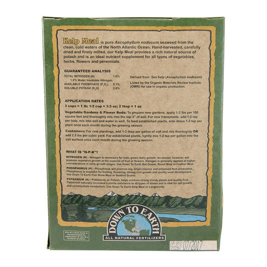 Grow Organic Kelp Meal 1-0-1-2 fertilizer in a 4 lb box, natural organic fertilizer rich in nutrients for plant growth.