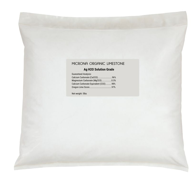Grow Organic Limestone Microna Ag H2O fertilizer in a 5 lb bag, natural mineral supplement for healthy soil and plant growth.